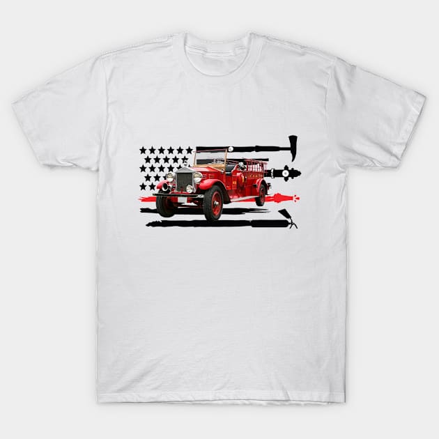 Vintage Fire Truck with Firefighter Flag T-Shirt by Dragon Sales Designs 